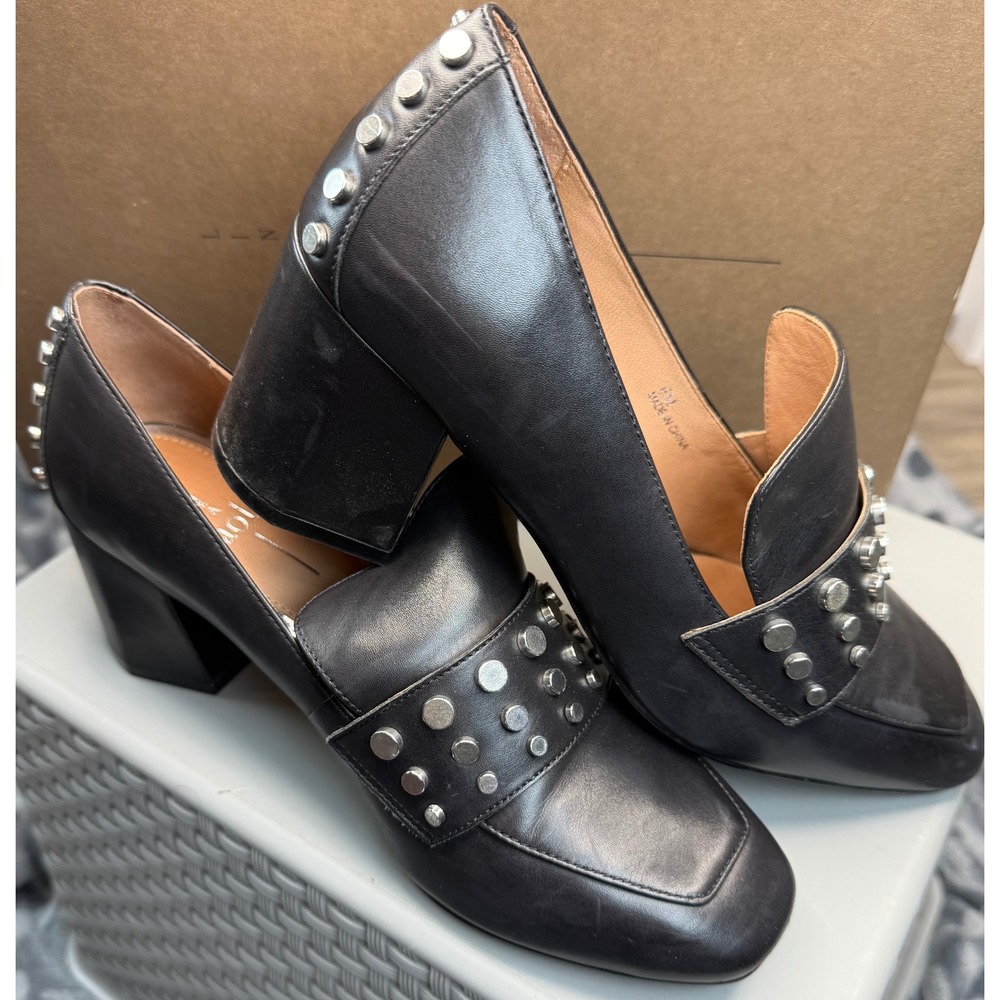 Linea Paolo Luca L Black Silky Calf Leather Studded Block Heel Loafers Size 6 M